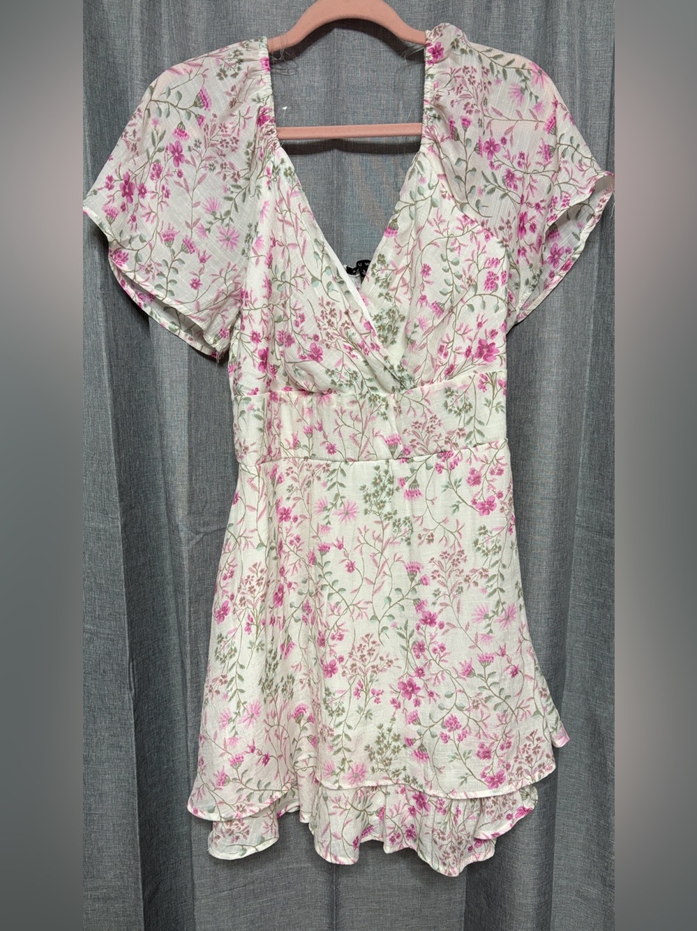 As U Wish Floral Wrap Mini Dress - Pink & Green on Cream